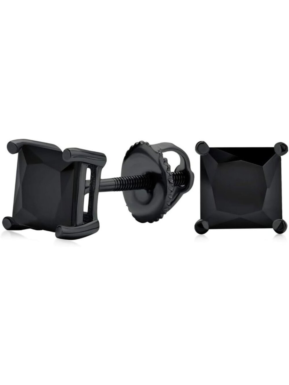 Elegant Black Sterling Silver Princess Cut CZ Stud Earrings - Screw Back Design